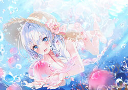  :d a20_(atsumaru) bare_arms bare_legs bikini blue_eyes blush bow bracelet braid breasts cleavage collarbone female floating_hair flower hair_between_eyes hair_flower hair_ornament hairbow hat highres jewelry long_hair medium_breasts original pink_bow pink_flower smile solo straw_hat sun_hat swimsuit twin_braids underwater very_long_hair white_bikini white_hair yellow_bow 