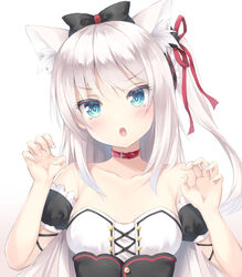  :o animal_ear_fluff animal_ears aqua_eyes azur_lane bad_id bad_pixiv_id bare_shoulders black_bow blush bow buttons cat_ears cat_girl claw_pose collar collarbone detached_sleeves dress female flat_chest hair_ribbon hammann_(azur_lane) hands_up long_hair looking_at_viewer open_mouth red_collar red_ribbon ribbon sakuba_nao short_sleeves simple_background solo strapless strapless_dress upper_body white_background white_hair 