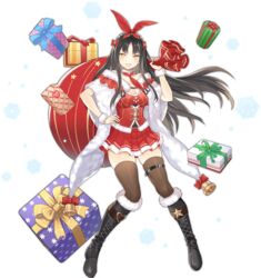  :d ark_order bag black_footwear black_hair black_thighhighs boots bow bow_hairband breasts capelet christmas cross-laced_footwear female full_body fur-trimmed_boots fur-trimmed_vest fur_capelet fur_choker fur_cuffs fur_trim gift gift_bag hae_mo-su_of_buyeo_(ark_order) hairband hand_on_own_hip holding holding_bag large_breasts long_hair looking_at_viewer lpip neckerchief oerba_yun_fang official_alternate_costume official_art red_bow red_neckerchief red_vest sidelocks skin_fang skindentation smile snowflakes solo tachi-e thigh_strap thighhighs transparent_background vest white_capelet wrist_cuffs yellow_bow yellow_eyes zettai_ryouiki 