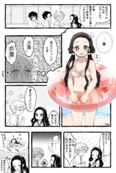  3boys absurdres agatsuma_zenitsu bikini black_hair closed_eyes female food_print hair_ornament hair_ribbon hashibira_inosuke highres innertube kamado_nezuko kamado_tanjirou kimetsu_gakuen kimetsu_no_yaiba long_hair looking_at_viewer multicolored_hair multiple_boys navel necktie open_clothes open_mouth open_shirt partially_colored pink_eyes pink_ribbon pori_(kmt_pori) ribbon school_uniform serafuku stomach swim_ring swimsuit teeth translation_request upper_teeth_only very_long_hair watermelon_print 