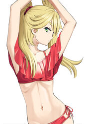  arms_up bare_arms bikini blonde_hair burn_the_witch closed_mouth collarbone easy_(aqk7bdqt) female flat_chest floating_hair green_eyes hair_ornament long_hair looking_at_viewer navel ninny_spangcole red_bikini red_ribbon ribbon side-tie_bikini_bottom simple_background solo standing stomach swimsuit twintails two_side_up white_background 