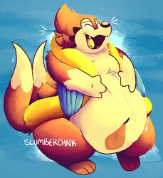  2_tails ambiguous_gender arm_fins belly big_belly closed_eyes digital_media_(artwork) feral fin floaty floatzel fur generation_4_pokemon hi_res laugh mammal multi_tail navel nintendo obese open_mouth orange_body orange_fur overweight pokemon pokemon_(species) signature simple_background slumberchnk smile solo tail tan_body tan_fur thick_thighs 