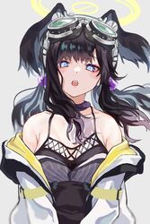  animal_ears armpit_crease bare_shoulders black_hair black_tank_top blue_archive blue_eyes blush breasts collar collarbone dog_ears female goggles goggles_on_head grey_background hair_bobbles hair_ornament halo hibiki_(blue_archive) highres jacket long_hair looking_at_viewer open_mouth ruwo_benzen sidelocks simple_background solo tank_top twintails yellow_halo 