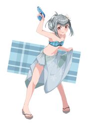  absurdres bandeau bikini breasts brown_eyes commentary_request cosplay female full_body green_bikini grey_hair hair_ribbon highres kantai_collection long_hair looking_at_viewer ooyodo_(kancolle) ooyodo_(kancolle)_(cosplay) ooyodo_(swimsuit_mode)_(kancolle) plaid plaid_bikini ponytail ribbon sandals sarong small_breasts solo standing strapless strapless_bikini swimsuit uut water_gun white_background white_ribbon yuubari_(kancolle) yuubari_kai_ni_(kancolle) 