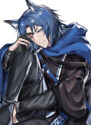  1boy absurdres animal_ear_fluff animal_ears arknights black_jacket black_pants blue_cape blue_eyes blue_hair cape chinese_commentary commentary_request highres jacket knee_up long_sleeves looking_back male_focus pants roy_(arknights) short_hair simple_background sitting smile white_background zuo_daoxing 