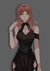  bare_shoulders black_dress breasts brown_hair cleavage closed_mouth dress female green_eyes grey_background hair_ornament highres long_hair looking_at_viewer qeanoya rosa_(tears_of_themis) simple_background sleeveless sleeveless_dress smile solo tears_of_themis 