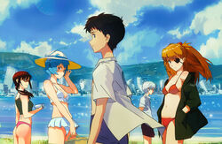  2boys 3girls absurdres ass ayanami_rei bad_id bad_pixiv_id beach bikini blue_hair blue_sky breasts cloud cloudy_sky glasses hat highres ikari_shinji letro makinami_mari_illustrious multiple_boys multiple_girls nagisa_kaworu neon_genesis_evangelion outdoors rebuild_of_evangelion sky souryuu_asuka_langley swimsuit 