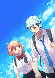  1boy :d backpack bag black_skirt blazer blue_hair blue_necktie blue_sky bob_cut bow bowtie chiroru cloud collared_shirt cowboy_shot day dress_shirt emblem eye_contact feathers female habataki_academy_school_uniform hair_ornament hairclip hanegasaki_academy_school_uniform highres holding_hands jacket looking_at_another looking_away looking_to_the_side miniskirt necktie pleated_skirt protagonist_(tokimemo_gs4) red_bow red_bowtie red_eyes school_uniform shirahane_daichi shirt short_hair short_sleeves skirt sky sleeves_rolled_up smile swept_bangs tokimeki_memorial tokimeki_memorial_girl&#039;s_side_4th_heart walking white_shirt yellow_eyes 