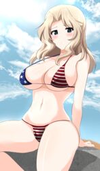  absurdres aikir_(jml5160) american_flag american_flag_bikini american_flag_print arms_behind_back bikini blonde_hair blue_eyes blue_sky blush breasts cleavage closed_mouth cloud cloudy_sky commentary day female flag_print girls_und_panzer hair_intakes half-closed_eyes highres kay_(girls_und_panzer) large_breasts light_frown long_hair looking_at_viewer navel outdoors print_bikini sitting skindentation sky solo stomach swimsuit 