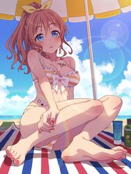  bang_dream! bare_legs barefoot beach beach_umbrella bikini blue_eyes blush breasts collarbone female fingernails highres knees_up lens_flare looking_at_viewer lotion lotion_bottle mat medium_breasts nail_polish orange_hair outdoors ponytail sitting soles solo star_(symbol) striped_bikini striped_clothes sunscreen swimsuit toenail_polish toenails two-tone_bikini umbrella yamabuki_saya yazawa_happyaro 