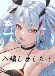  armpits azur_lane bikini black_bikini breasts comiket_100 cross earrings female flag_print food german_flag_bikini grey_hair highres holding holding_food holding_ice_cream ice_cream iron_cross jewelry long_hair looking_at_viewer multicolored_hair official_alternate_costume orange_eyes presenting_armpit prinz_eugen_(azur_lane) prinz_eugen_(unfading_smile)_(azur_lane) ropi_(yyuichi29) simple_background solo streaked_hair swimsuit tongue tongue_out two-tone_hair 