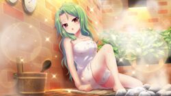  breasts brick_wall bucket cleavage collarbone dot_nose female film_grain game_cg gauge green_hair hair_down hot indoors izumi_tsubasu large_breasts lens_flare long_hair looking_at_viewer naked_towel non-web_source official_art open_mouth plant print_towel re:stage! reclining rock sauna shirokita_kuroha sitting solo sparkle star_(symbol) star_print steam sweat towel very_sweaty white_towel yellow_eyes 