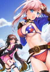  2girls absurdres alicexxxfragment american_flag american_flag_bikini american_flag_print arm_garter asymmetrical_hair bad_id bad_pixiv_id bikini blue_eyes blush breasts brown_hair bun_cover cleavage commentary_request fate/grand_order fate_(series) fingerless_gloves flag_print gloves goggles goggles_on_head gradient_hair hair_bun highres holstered large_breasts long_hair low_twintails miyamoto_musashi_(fate) miyamoto_musashi_(swimsuit_berserker)_(fate) miyamoto_musashi_(swimsuit_berserker)_(second_ascension)_(fate) multicolored_hair multiple_girls navel ocean open_mouth osakabehime_(fate) osakabehime_(swimsuit_archer)_(fate) osakabehime_(swimsuit_archer)_(first_ascension)_(fate) outdoors pink_bikini pink_hair pink_scarf print_bikini print_swimsuit scarf sideboob single_hair_bun single_hair_intake single_sidelock ski_goggles swimsuit twintails two-tone_swimsuit underboob very_long_hair 