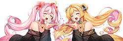  2girls :d ^_^ absurdres ai_kotoba_iii_(vocaloid) artist_name bandaid bandaid_on_cheek bandaid_on_face black_flower black_sweater blonde_hair bow bow_choker character_name choker closed_eyes collarbone colored_inner_hair cowlick double_bun floating_hair flower hair_bun hair_flower hair_ornament heart heart_necklace highres jewelry korean_commentary long_hair mole mole_under_eye multicolored_hair multiple_girls musical_note na_sera necklace nijisanji nijisanji_kr off-shoulder_sweater off_shoulder open_hand open_mouth pink_bow pink_choker pink_hair rewolf seffyna smile star_(symbol) sweater twintails very_long_hair virtual_youtuber watermark white_background white_flower yellow_flower 