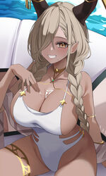  asymmetrical_bangs azur_lane black_horns blush braid breasts brown_hair bust_cup casual_one-piece_swimsuit cleavage clothing_cutout collarbone commentary dark-skinned_female dark_skin female grin groin hair_over_one_eye halterneck highres horns large_breasts long_bangs long_hair looking_at_viewer mole mole_under_mouth official_alternate_costume one-piece_swimsuit owari_(azur_lane) owari_(shimmering_forsythia)_(azur_lane) side_cutout smile soar_sora222 solo swimsuit thighlet twin_braids very_long_hair white_one-piece_swimsuit 