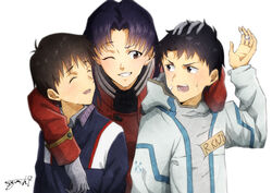  2boys absurdres black_hair blush evangelion:_3.0+1.0_thrice_upon_a_time female fujiichi highres ikari_shinji kaji_ryouji katsuragi_misato multiple_boys neon_genesis_evangelion one_eye_closed open_mouth purple_hair rebuild_of_evangelion simple_background smile teeth white_background 