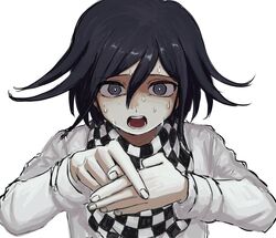  1boy bad_id bad_twitter_id black_eyes black_hair checkered_clothes checkered_scarf danganronpa_(series) danganronpa_v3:_killing_harmony detachable_thumb hair_between_eyes jacket long_sleeves looking_at_viewer magic_trick male_focus oma_kokichi open_mouth own_hands_together renshu_usodayo scarf short_hair simple_background solo straitjacket sweat teeth upper_body white_background white_jacket 