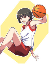  absurdres alternate_costume bad_id bad_pixiv_id ball basketball basketball_(object) basketball_uniform brown_eyes brown_hair commentary_request female girls_und_panzer highres holding holding_ball isobe_noriko looking_at_viewer open_mouth red_shorts revision shirt short_hair shorts smile solo sportswear white_shirt yougata 