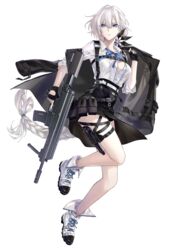  absurdres apc556_(girls&#039;_frontline) assault_rifle b&amp;t_apc556 black_gloves black_jacket black_shorts black_skirt blue_eyes blue_ribbon braid braided_ponytail breasts cleavage collarbone commission female flower from_side full_body girls&#039;_frontline gloves gun hair_flower hair_ornament handgun harness highres holding holding_clothes holding_gun holding_jacket holding_weapon holstered jacket legs long_hair looking_at_viewer medium_breasts micro_shorts neck_ribbon open_clothes open_mouth open_shirt parted_lips partially_fingerless_gloves pixiv_commission ribbon rifle shirt shoes shorts shorts_under_skirt simple_background skirt sleeves_rolled_up sneakers solo standing suprii weapon white_background white_footwear white_hair white_shirt 