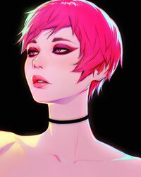  absurdres black_background black_choker choker collarbone expressionless eyeshadow female highres ilya_kuvshinov looking_to_the_side makeup original outer_glow parted_lips pink_eyes pink_eyeshadow pink_hair realistic simple_background solo teeth 