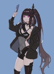  architect_(girls&#039;_frontline) black_choker black_hair black_jacket black_tank_top black_thighhighs blue_background breasts cellphone choker cleavage commentary_request covered_navel female girls&#039;_frontline hair_ornament hand_in_pocket holding holding_phone jacket kahill korean_commentary long_hair looking_at_viewer medium_breasts open_clothes open_jacket phone purple_eyes sangvis_ferri smartphone smile solo striped tank_top thighhighs 