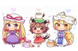  3girls :&gt; :3 :d animal_ear_fluff animal_ear_piercing animal_ears blob blonde_hair blue_footwear blush bow bowtie breasts brooch brown_eyes brown_hair cat_ears cat_tail chen choker commentary_request dotted_background dress dress_bow elbow_gloves fox_tail frilled_dress frills full_body gem gloves green_headwear hair_ribbon hands_in_opposite_sleeves happy hat highres ibaraki_natou jewelry kitsune large_breasts long_hair long_sleeves looking_at_viewer looking_to_the_side mary_janes mob_cap mochen multiple_girls multiple_tails nekomata oerba_yun_fang ofuda on_head open_mouth puffy_short_sleeves puffy_sleeves purple_dress purple_eyes red_bow red_bowtie red_choker red_footwear red_gemstone red_ribbon red_skirt red_vest ribbon ribbon-trimmed_dress ribbon_choker shoes short_hair short_sleeves sidelocks skirt smile socks solid_oval_eyes standing tabard tail tassel touhou tress_ribbon two_tails vest white_background white_footwear white_gloves white_headwear white_sleeves yakumo_ran yakumo_yukari yellow_bow yellow_bowtie yellow_eyes 