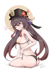  ;p absurdres ass bad_id bad_pixiv_id bare_shoulders bikini black_bikini black_hat breasts brown_hair female genshin_impact hat heart highres hongshao_tang_gua hu_tao_(genshin_impact) long_hair looking_at_viewer looking_back mole mole_on_breast one_eye_closed sideboob simple_background sitting small_breasts smile solo star-shaped_pupils star_(symbol) string_bikini swimsuit symbol-shaped_pupils tongue tongue_out top_hat twintails white_background 