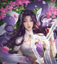  cleavage_cutout closed_eyes clothing_cutout da_pang_banbiantian earrings female flower from_above grass hair_ornament harp highres instrument jewelry long_hair lying on_back petals purple_eyes purple_hair second-party_source solo upper_body wanmei_shijie yun_xi_(wanmei_shijie) 