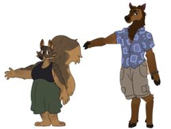  aloha_shirt anthro battycat bottomwear cargo_shorts cervine clothed clothing dani_(battycat) deer dress duo elk eyebrow_slit eyebrows female fox_squirrel huritt_(battycat) male male/female mammal model_sheet pattern_clothing pattern_shirt pattern_topwear rodent sciurid shirt shorts topwear trans_(lore) trans_man_(lore) tree_squirrel 