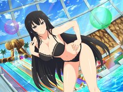  bad_link balloon bikini black_eyes black_hair blue_eyes blush breasts bush chair cleavage elephant elephant_statue female hedge highres kagura_(senran_kagura) large_breasts long_hair looking_at_viewer navel official_art palm_tree pool senran_kagura senran_kagura_new_link sky skylight skylight_(architecture) smile solo stone_wall swimsuit symbol-shaped_pupils tree umbrella very_long_hair wall water water_slide waterpark yaegashi_nan 