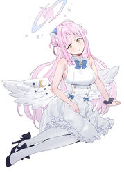  bare_arms bare_shoulders black_footwear black_scrunchie blue_archive breasts closed_mouth commentary_request crescent dress feathered_wings female frilled_dress frills full_body hair_bun halo head_tilt highres long_hair low_wings medium_breasts mika_(blue_archive) pantyhose pink_hair scrunchie shoes sideboob simple_background single_side_bun sleeveless sleeveless_dress smile solo subachi very_long_hair white_background white_dress white_pantyhose white_wings wings wrist_scrunchie yellow_eyes 