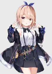  :o absurdres bare_shoulders belt black_bow black_jacket black_skirt blue_bow blue_ribbon blush bow breasts brown_belt brown_eyes commentary_request female fuyuki030 grey_background hair_between_eyes hair_ribbon hands_up highres jacket light_brown_hair long_sleeves looking_at_viewer off_shoulder open_clothes open_jacket original parted_lips pleated_skirt ribbon shirt simple_background skirt sleeveless sleeveless_shirt sleeves_past_wrists small_breasts solo suspender_skirt suspenders test_tube w white_shirt 