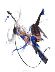  absurdres anti-materiel_rifle arm_tattoo bare_shoulders blue_dress blue_footwear bolt_action china_dress chinese_clothes dark-skinned_female dark_skin detached_sleeves dress female full_body girls&#039;_frontline grey_eyes gun gun_sling hair_ornament hair_over_one_eye hairband hand_to_own_mouth hat high_heels highres hs.50_(girls&#039;_frontline) hs.50_(sigh_of_the_waterfront_pine)_(girls&#039;_frontline) long_hair looking_at_viewer official_alternate_costume official_art rifle sawamaharu shoe_dangle simple_background sleeveless sleeveless_dress sniper_rifle solo steyr_hs_.50 tattoo thighhighs torn_clothes torn_thighhighs twintails weapon weibo_watermark white_background white_hair 