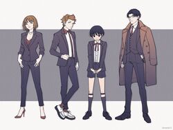  2boys 2girls arm_at_side black_footwear black_hair black_jacket black_legwear black_pants black_vest bob_cut bow bowtie breasts brown_coat brown_hair cleavage clothes_grab coat coat_on_shoulders collared_shirt crossed_legs dress_shirt formal fujimaru_nono full_body glasses hand_in_pocket hands_in_pockets high_heels highres jacket jewelry kneehighs legs_apart legwear_garter lineup long_sleeves multiple_boys multiple_girls naridc3 necklace necktie obishima_yukari own_hands_together pants parted_bangs red_bow red_bowtie red_footwear red_legwear red_necktie red_shirt shirt shoes short_hair sleeves_pushed_up smile socks standing stiletto_heels suit thumb_in_pocket tonooka_kazuto twitter_username vest white_footwear white_shirt world_trigger yuba_takuma 