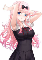  absurdres armpit_peek armpits arms_up black_bow black_dress blue_eyes bow breasts commentary dated_commentary dress female fujiwara_chika hairbow highres impossible_clothes impossible_dress kaguya-sama_wa_kokurasetai_~tensai-tachi_no_renai_zunousen~ long_hair looking_at_viewer medium_breasts open_mouth pink_hair school_uniform shirt short_sleeves shuuchiin_academy_school_uniform simple_background solo summer_uniform sunhyun taut_clothes taut_dress upper_body white_background white_shirt wing_collar 