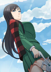  black_hair blazer blue_eyes blue_sky burn_the_witch closed_mouth cloud dutch_angle easy_(aqk7bdqt) female floating_hair from_below frown green_jacket green_skirt gun holding holding_gun holding_weapon holster jacket long_hair long_sleeves looking_down miniskirt niihashi_noel plaid_capelet pleated_skirt skirt sky solo standing straight_hair sunlight thigh_holster very_long_hair weapon 