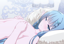  blue_eyes blue_hair blush completely_nude covering_breasts covering_privates erin_(granblue_fantasy) female flat_chest granblue_fantasy hair_ornament hairclip lamp long_hair lying nagehazushi nude on_back on_bed pillow pink_lips signature solo straight_hair upper_body 