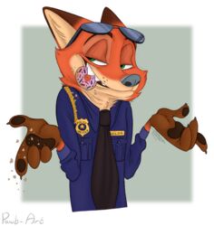  2020 anthro badge black_nose border canid canine clothed clothing dessert dipstick_ears disney doughnut ear_markings eating eyewear food fox fur gesture green_eyes hi_res male mammal messsiart multicolored_ears necktie nick_wilde orange_body orange_fur pastry police police_officer_eating_donut police_uniform red_fox shirt shrug solo sunglasses teeth topwear true_fox uniform white_border zootopia 