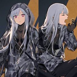  ak-12 ak-12_(faint_light_of_furthest_day)_(girls&#039;_frontline) ak-12_(girls&#039;_frontline) assault_rifle black_gloves closed_eyes commentary_request duoyuanjun female girls&#039;_frontline gloves gun holding holding_gun holding_weapon hood hoodie kalashnikov_rifle korean_commentary long_hair looking_at_viewer official_alternate_costume open_mouth pants pink_eyes rifle sidelocks sitting tactical_clothes third-party_source torn_clothes torn_pants unusually_open_eyes weapon yawning 