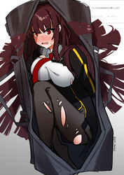  @_@ absurdres bag black_jacket blush breasts brown_hair collared_shirt commentary duffel_bag ert_raitsui female girls&#039;_frontline gradient_background grey_background highres in_bag in_container jacket large_breasts long_hair looking_at_viewer necktie open_mouth pantyhose red_eyes red_necktie shirt solo sweat torn_clothes torn_pantyhose torn_shirt translated twitter_username wa2000_(girls&#039;_frontline) white_shirt 