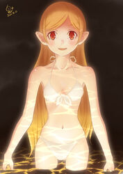  a-pose arms_at_sides artist_name bakemonogatari bare_shoulders bikini blonde_hair blush breasts collarbone commentary cowboy_shot dark dated eyebrows_hidden_by_hair fangs female front-tie_bikini_top front-tie_top huumoon kiss-shot_acerola-orion_heart-under-blade kizumonogatari long_hair looking_at_viewer monogatari_(series) navel nostrils open_mouth oshino_shinobu parted_lips partially_submerged petite pointy_ears red_eyes reflection signature skindentation skinny small_breasts smile solo stomach swept_bangs swimsuit thigh_gap vampire very_long_hair wading water white_bikini 