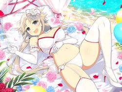  bad_link beach blue_flower blush bow breasts bridal_lingerie bridal_veil bride brown_hair cleavage collarbone daisy elbow_gloves falling_petals female flower gloves grey_eyes hair_ornament high_heels highres ibuki_(senran_kagura) lace large_breasts leaf lingerie long_hair looking_at_viewer low_twintails lying navel ocean official_alternate_costume official_art on_back open_mouth panties petals pillow pink_flower red_flower sand senran_kagura senran_kagura_new_link senran_kagura_new_wave shore smile solo twintails underwear veil yaegashi_nan 