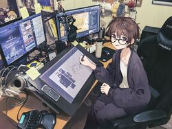  ahoge akg akg_k-series_headphones apex_legends arknights bags_under_eyes black-framed_eyewear black_jacket brown_hair chair collarbone commentary_request computer computer_mouse drawing_tablet female flat_chest gaming_chair glasses granblue_fantasy headphones holding holding_stylus hololive indoors jacket long_sleeves looking_at_viewer messy_hair monitor mousepad_(object) multiple_monitors nagu original parted_lips photo_background self-portrait shirakami_fubuki shirt short_hair sitting solo stylus swivel_chair virtual_youtuber white_shirt 