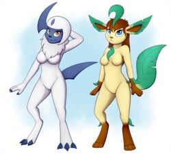  2020 absol anthro black_nose blue_claws blue_eyes breasts brown_body brown_fur brown_hair brown_inner_ear brown_nose canid canine claws duo eeveelution feet female fingers fur gem generation_3_pokemon generation_4_pokemon hair leafeon mammal multicolored_body multicolored_fur nintendo nude pokemon pokemon_(species) red_eyes simple_background smile standing tail tan_body tan_fur toes tomek1000 tuft white_background white_body white_fur white_hair 