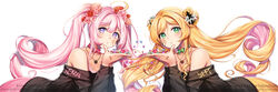  2girls :d :o absurdres ai_kotoba_iii_(vocaloid) artist_name bandaid bandaid_on_cheek bandaid_on_face black_flower black_sweater blonde_hair bow bow_choker character_name choker collarbone colored_inner_hair cowlick double_bun floating_hair flower green_eyes hair_bun hair_flower hair_ornament heart heart_necklace highres jewelry korean_commentary long_hair looking_at_viewer mole mole_under_eye multicolored_hair multiple_girls musical_note na_sera necklace nijisanji nijisanji_kr off-shoulder_sweater off_shoulder open_hand open_mouth pink_bow pink_choker pink_hair purple_eyes rewolf seffyna smile star_(symbol) sweater twintails very_long_hair virtual_youtuber watermark white_background white_flower yellow_flower 