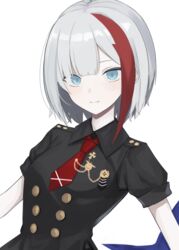  a_iri_a admiral_graf_spee_(azur_lane) admiral_graf_spee_(girl&#039;s_sunday)_(azur_lane) azur_lane black_shirt blue_eyes blush closed_mouth collared_shirt commentary female looking_at_viewer medium_hair multicolored_hair necktie official_alternate_costume pale_skin red_necktie shirt short_sleeves sidelocks smile solo_focus streaked_hair white_background white_hair 