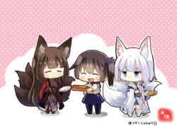  3girls amagi_(azur_lane) animal_ears azur_lane black_hair black_pantyhose blue_eyes blue_hakama brown_hair closed_eyes commentary crossover food fox_ears fox_girl fox_tail full_body hakama hakama_short_skirt hakama_skirt historical_name_connection inarizushi japanese_clothes kaga_(battleship)_(azur_lane) kaga_(kancolle) kantai_collection kimono long_hair multiple_girls multiple_tails name_connection pantyhose pink_background plate polka_dot polka_dot_background side_ponytail skirt standing sushi tail taisa_(kari) tasuki white_kimono 