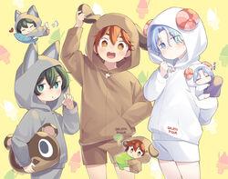  3boys :d aged_down animal_hood blue_eyes blue_hair cat_hood chibi dog_hood green_eyes green_hair hasegawa_langa hood hood_up hoodie kyan_reki lolicon male_focus miya_(sk8) multiple_boys red_hair sheep_hood shorts sk8_the_infinity smile uppi yellow_eyes 