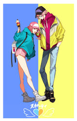  1boy a082 aqua_hoodie backpack bag baseball_cap black_footwear black_headwear blue_background blue_pants bob_cut border casual dolphin_shorts drawstring eating female food full_body glasses hand_in_pocket hand_up hat heart heart_print height_difference holding holding_food hood hood_down hoodie ice_cream ice_cream_cone jacket leaning_forward long_sleeves looking_at_viewer nanatsumori_minoru o-ring off_shoulder open_clothes open_jacket pants pink_eyes pink_headwear pink_hoodie pink_shorts protagonist_(tokimemo_gs4) sharing_food shoes short_hair shorts simple_background standing standing_on_one_leg tokimeki_memorial tokimeki_memorial_girl&#039;s_side_4th_heart triple_scoop two-tone_background unzipped white_footwear yellow_background yellow_jacket 