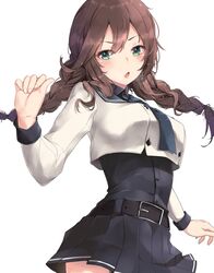  belt black_sailor_collar black_shirt black_skirt braid brown_hair commentary cowboy_shot dress_shirt female green_eyes jenson_tw kantai_collection long_sleeves looking_at_viewer noshiro_(kancolle) noshiro_kai_ni_(kancolle) pleated_skirt sailor_collar sailor_shirt school_uniform serafuku shirt simple_background skirt solo swept_bangs symbol-only_commentary twin_braids white_background 